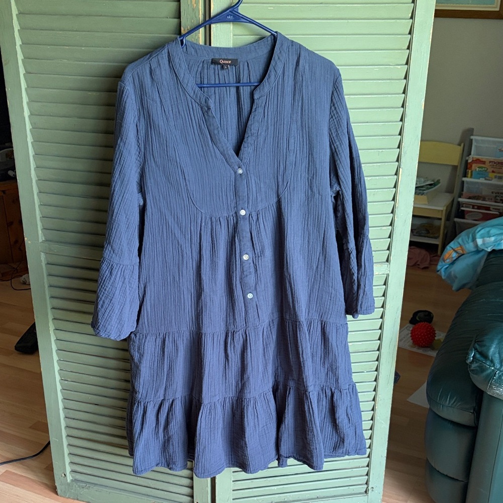 Quince 100% Organic Cotton gauze Indigo Button-Front Tiered Tunic Dress